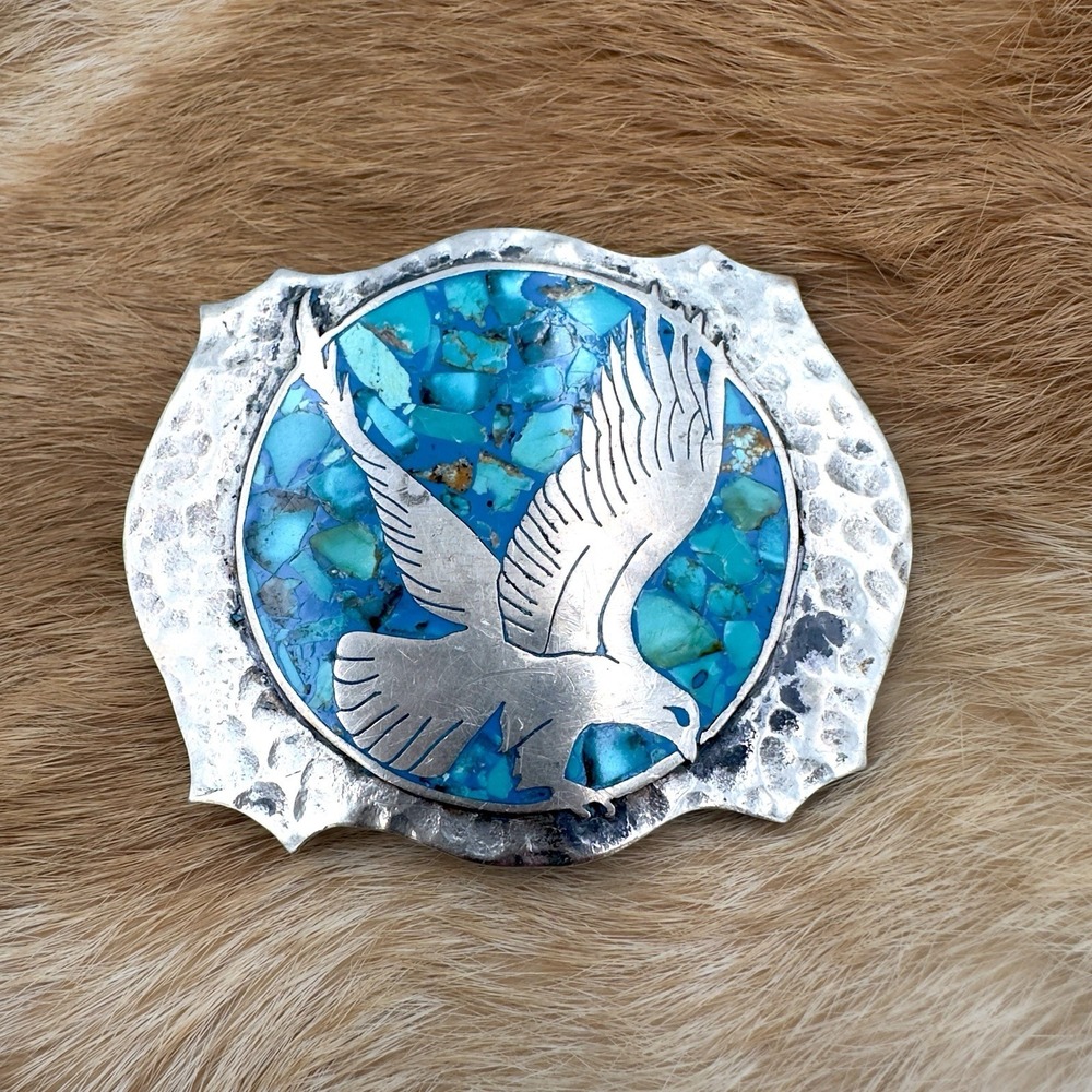 VTG Southwestern Eagle Turquoise Chip Inlay Belt Buckle Hammered Mosaic Signed